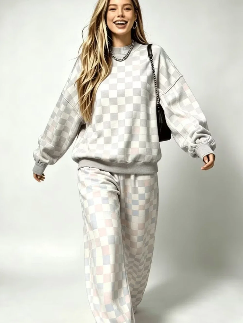 Pink And Gray Checkered Wide Leg Sweatpants and Sweatshirt Set